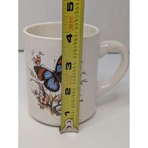 Vintage Butterfly Floral Ceramic Coffee Mug‎ Cream Blue Orange Botanical Nature